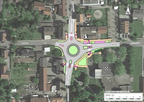 Passt sich ohne Gebäudeabriss ein: Der neue Kreisverkehr vor dem Rathaus als Grafik im Echtbild (Visualisierung: BIT-Ingenieure)
