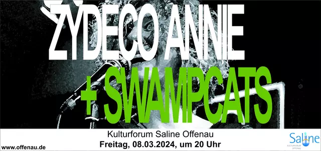 Plakat zum Konzertabend mit Zydeco Annie + Swamp Cats im Kulturforum Saline mit Datum und Uhrzeit (Grafik: Patrick Gärtner / Gemeinde Offenau)